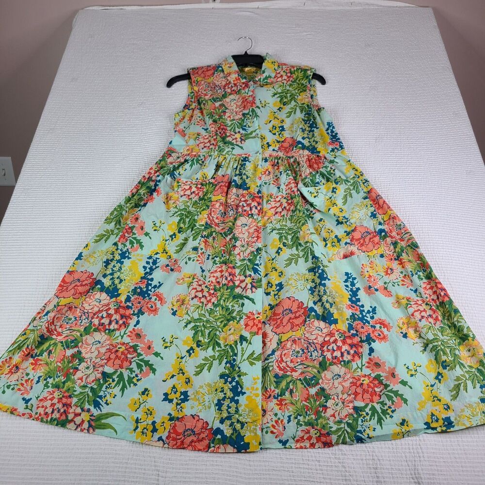 April Cornell Porch Dress L Cotton Midi Floral Cottagecore Sleeveless Pockets **